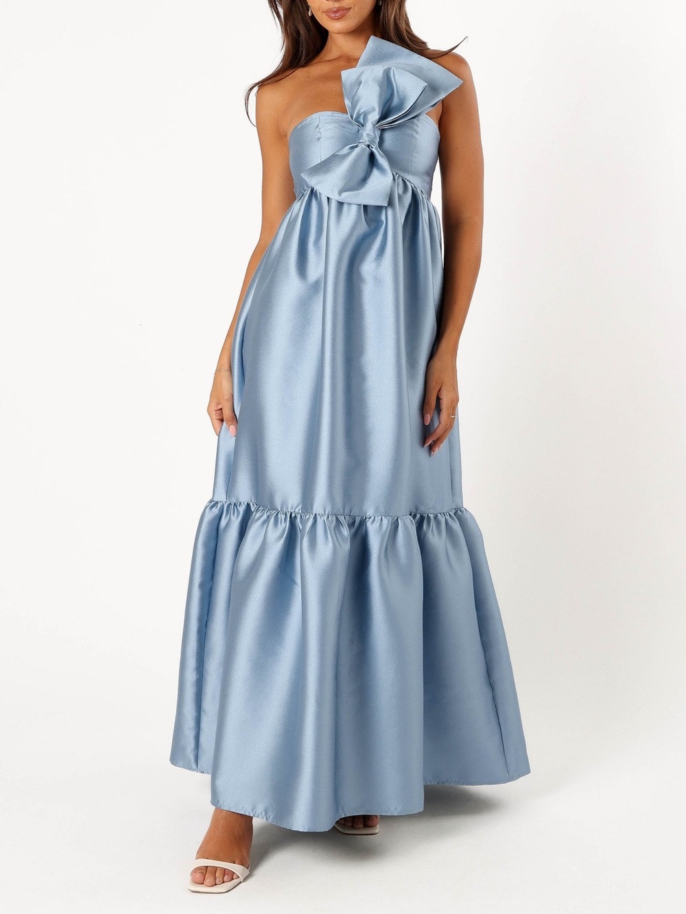 NWT Petal & Pup 119$ One-Shoulder Satin Maxi Dress in Light Blue with Bow Detail